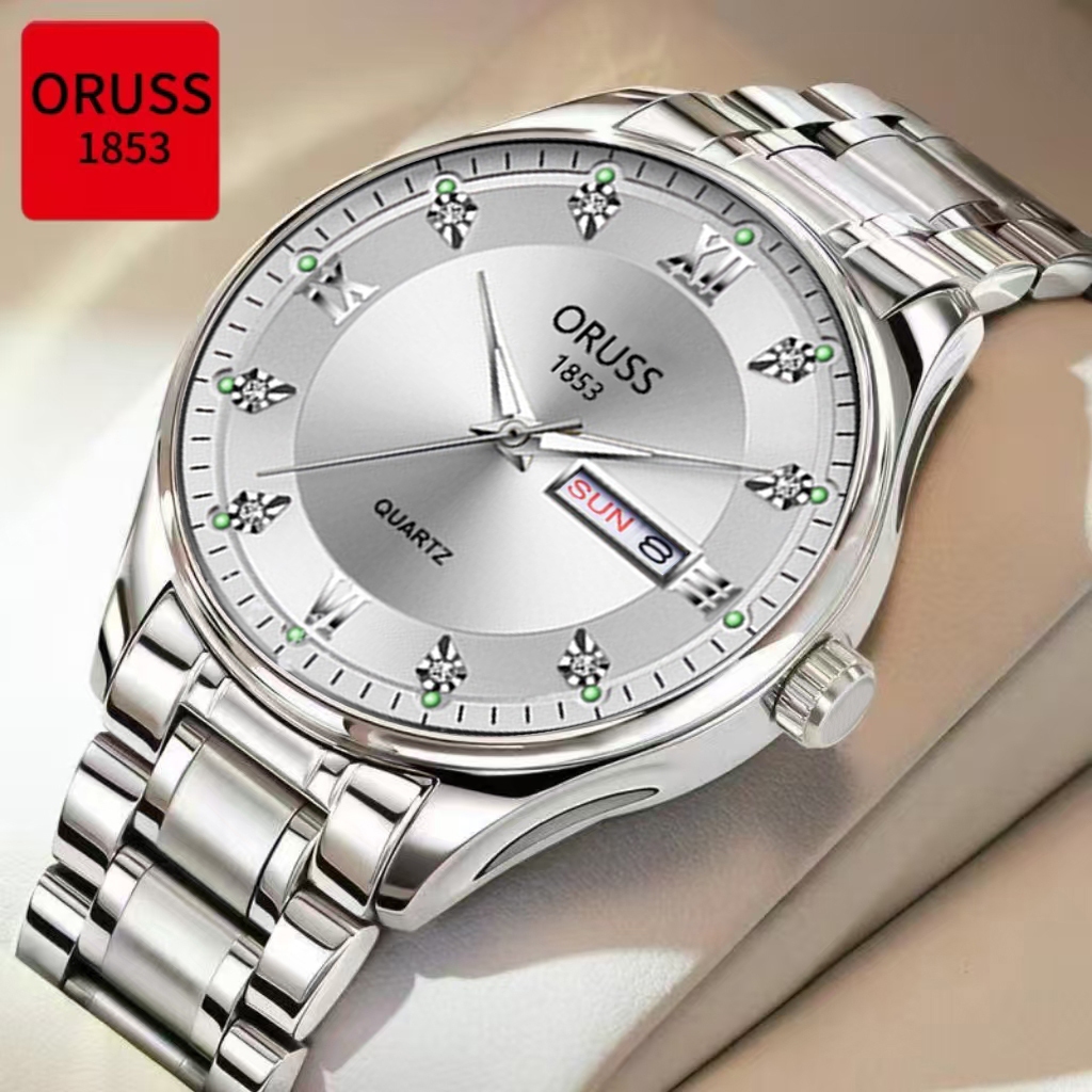 ORUSS Original Mens Dual Calendar Luxury Silver Stainless Steel Luminous Watch Waterproof Fashion Ko
