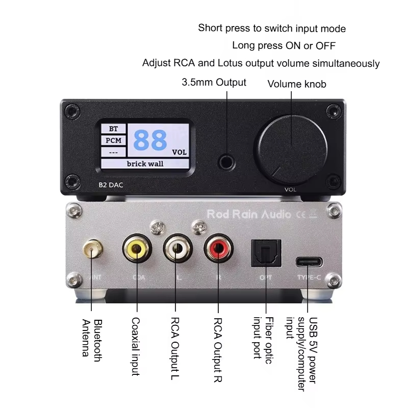 Rod rain audio B2 HIFI Dual ES9038Q2M USB ถอดรหัส QCC3084 Blueooth 5.4 ไฟเบอร์ออปติก Coaxial Input DAC 24bit 192K LDAC