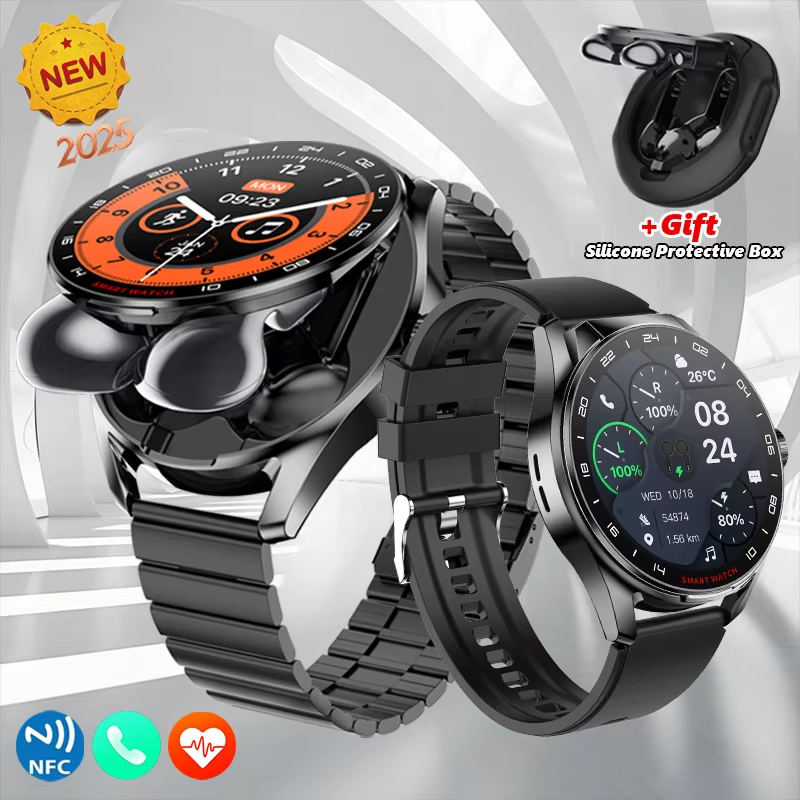 2025 ใหม่สมาร์ทนาฬิกา 2 In 1 พร้อมหูฟัง Smartwatch Bluetooth Call นาฬิกาผู้ชาย NFC Heart Rate Monito