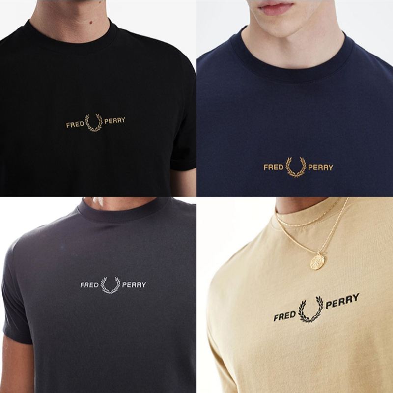 FredPerry เสื้อยืดปัก M4580 เสื้อยืดแขนสั้นคอกลมผู้ชายด้านบนฤดูร้อนสบายๆเสื้อยืดผ้าฝ้าย 100%
