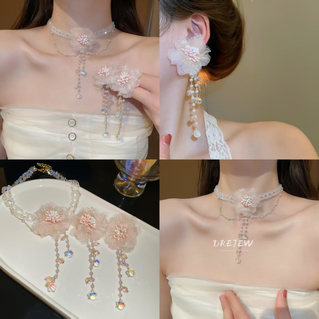 เดรช 925เข็มเงินตาข่ายสีชมพูดอกไม้มุกพู่ต่างหูแฟชั่นออกแบบอารมณ์หวานต่างหูต่างหูสําหรับผู้หญิง