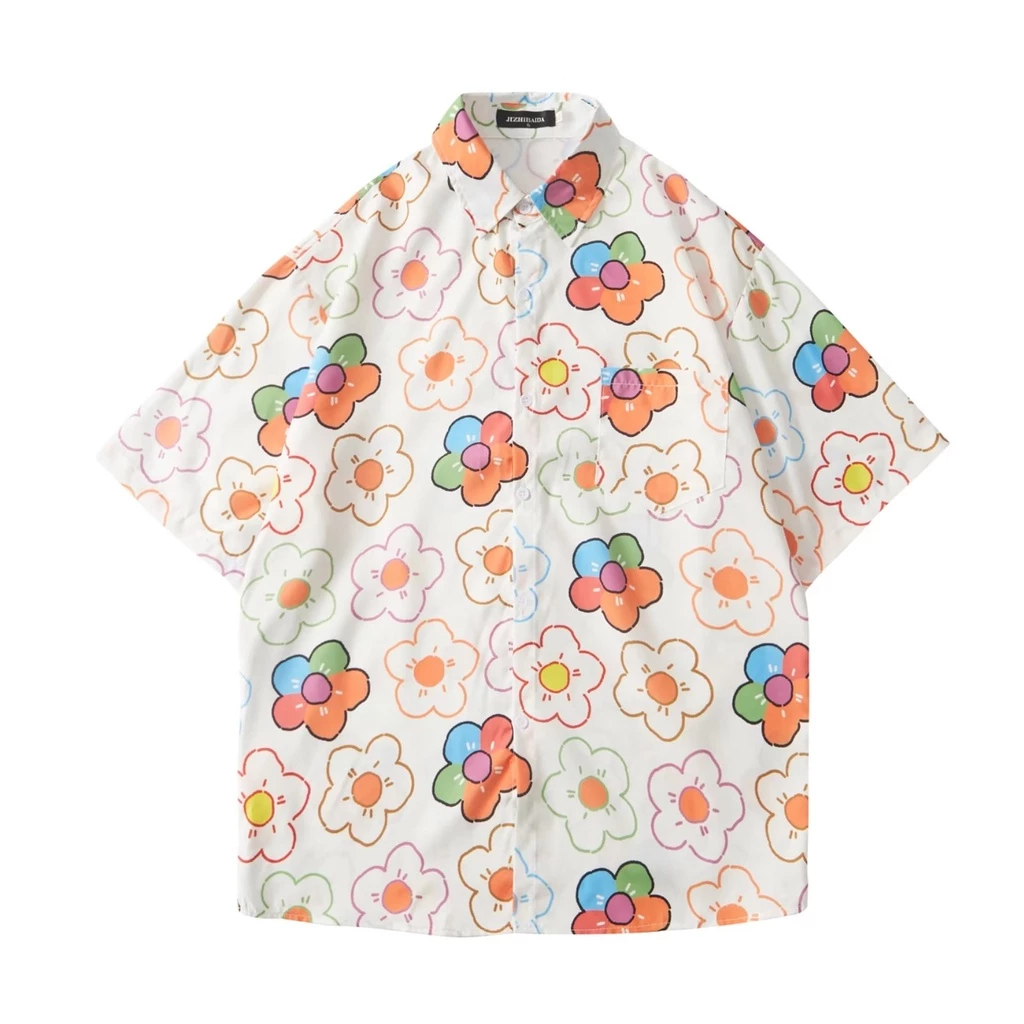✨Jo♔เสื้อเชิ้ตแขนสั้น คอกลม พิมพ์ลายดอกไม้ ทรงหลวม สไตล์เรโทร สําหรับผู้หญิง
