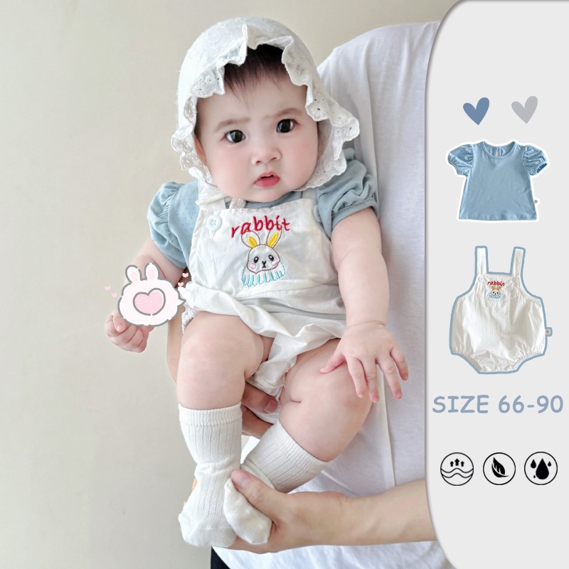 ชุดเด็กผู้หญิงสีฟ้าแขนสั้นเสื้อยืด Overalls Jumpsuit ชุดเด็กทารกกระต่ายน่ารัก