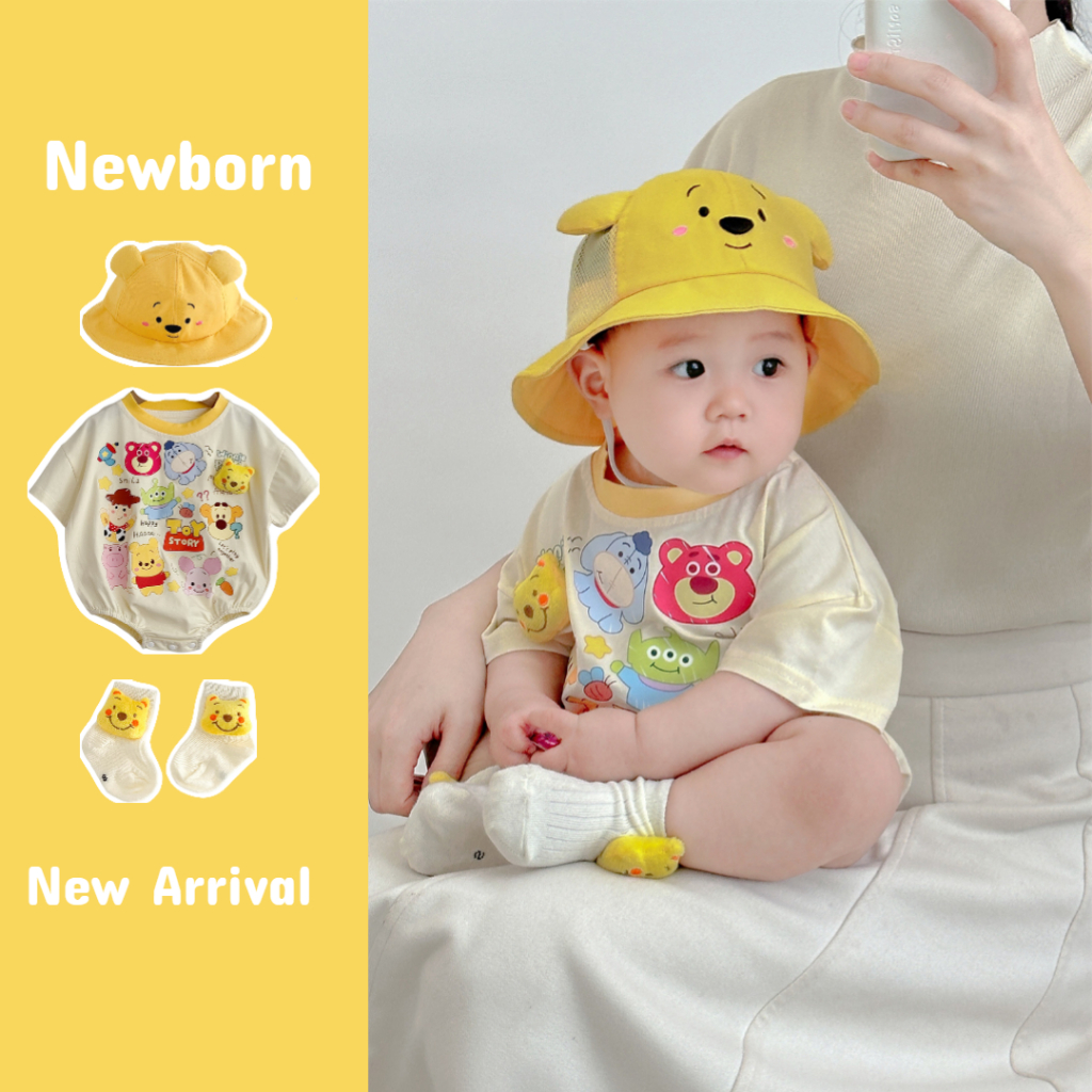 ฤดูร้อนใหม่เด็กทารกและเด็กผู้หญิง Winnie the Pooh ชุดจั๊มสูทแขนสั้น 0-24 เดือนทารกแรกเกิด