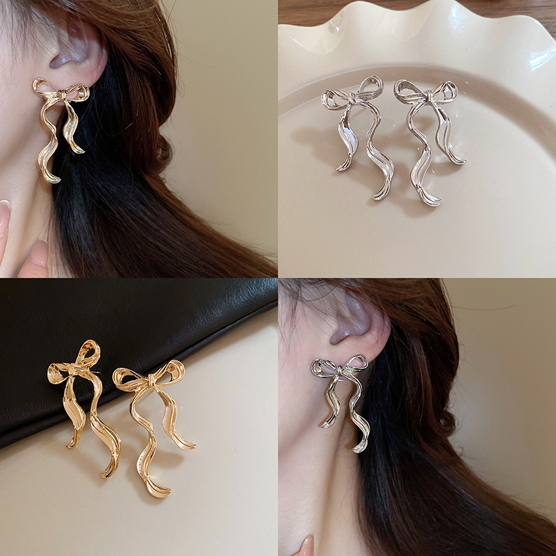 เดรช เข็มเงินต่างหูโบว์ลายยุโรปและสหรัฐอเมริกาที่เรียบง่ายและละเอียดอ่อนต่างหูลมหนาวสําหรับผู้หญิงแสงหรูหราต่างหูระดับไฮ