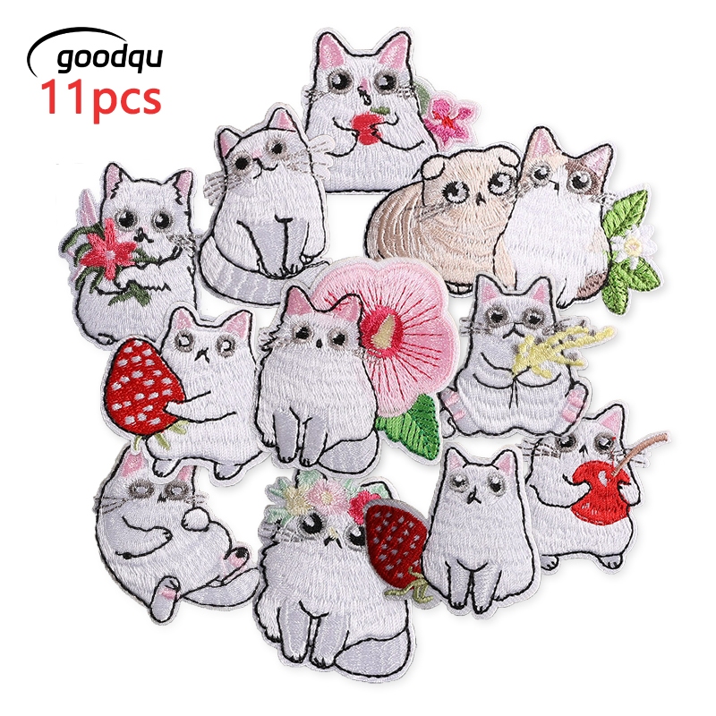 11pcs Lot สตรอเบอร์รี่และแมวน่ารักแพทช์สําหรับเสื้อผ้าเด็กปักเหล็กสัตว์แพ็ค Thermoกาวแจ็คเก็ต Parches เย็บ