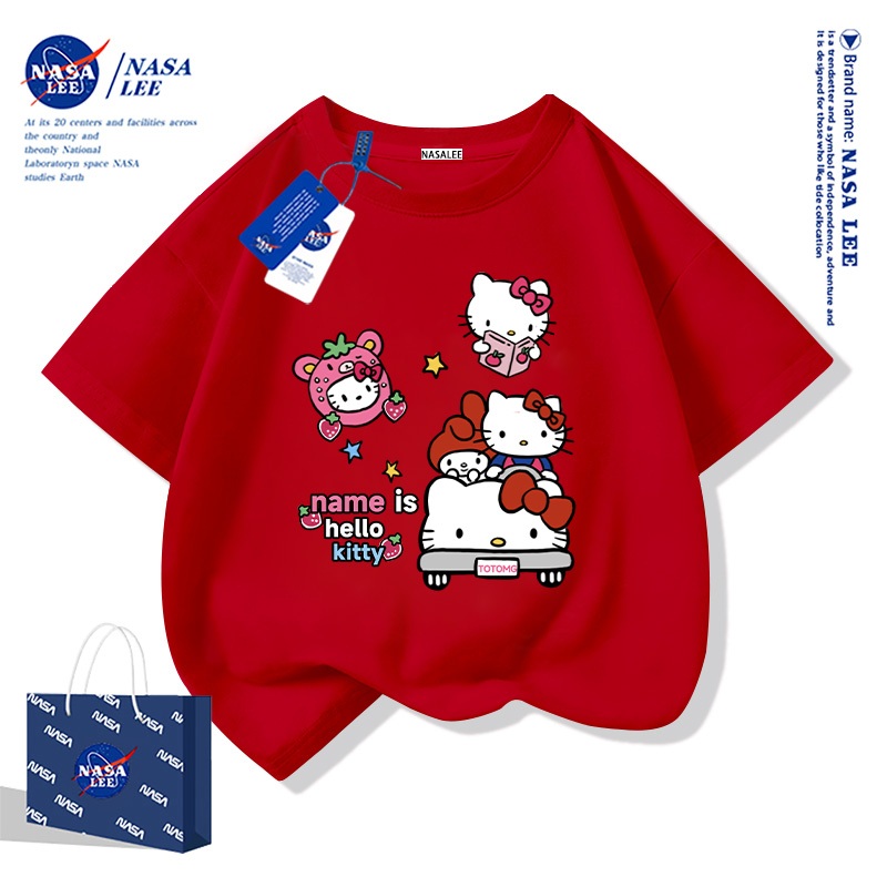 เสื้อยืดแขนสั้นผ้าฝ้ายสีแดงลายแมว KT น่ารักจาก NASA รุ่นใหม่ 2025 สำหรับเด็กชายและเด็กหญิง เสื้อแฟชั่นสไตล์เก๋สำหรับฤดูร้อน