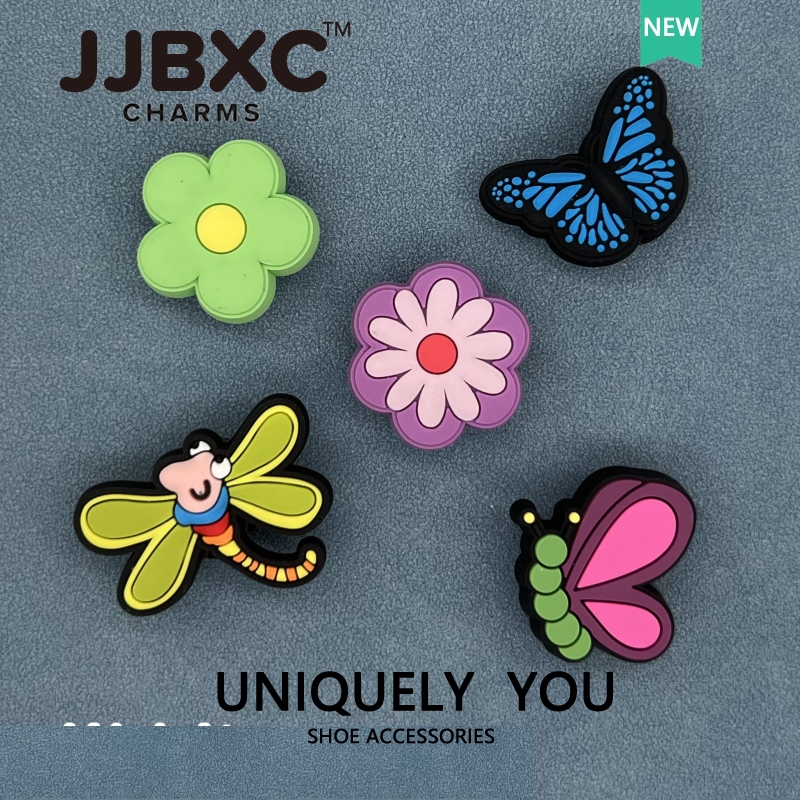 JJBXC ตัวติดรองเท้า charm การ์ตูนแมลงปอ ผีเสื้อสีฟ้า ดอกไม้สีเขียว สีม่วง น่ารัก สไตล์ธรรมชาติ DIY อุปกรณ์ตกแต่งรองเท้า