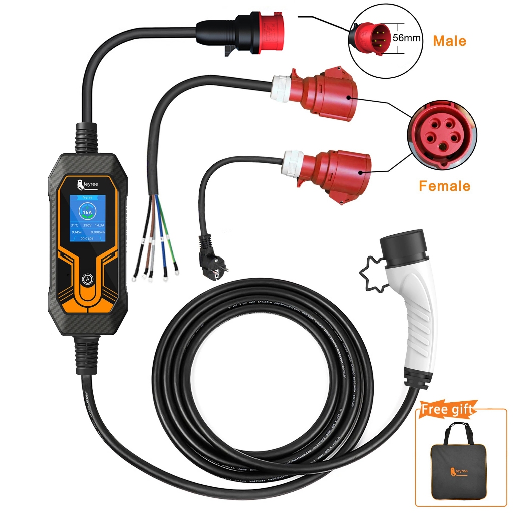 Feyree กล่องชาร์จไฟฟ้า 11KW 16A 3 เฟส EV Type2 5 ม. ปลั๊ก CEE สําหรับยานพาหนะไฟฟ้า