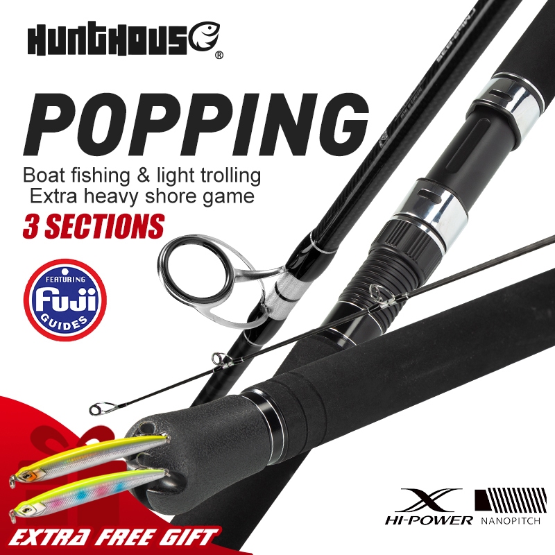 Hunthouse Popping Fising Rod 3 ส่วน Ocean Spinning 30T 2.5m Lure น้ําหนัก 200g คาร์บอนไฟเบอร์ Fuji Guide แหวนเรืออุปกรณ์เสริม