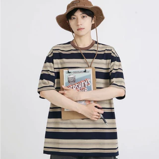⚡️ProMan⚡️แขนสั้นเย็บลายทางผู้ชาย แนววินเทจสไตล์ญี่ปุ่น คอกลม คลาสสิกแมทช์ลุคง่าย กีฬา