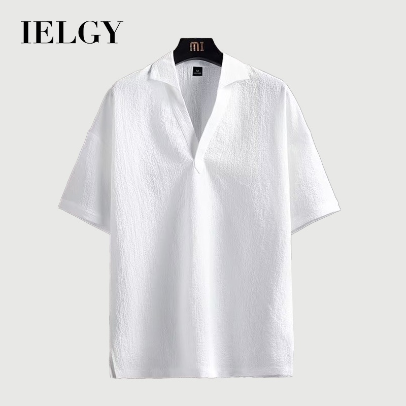 IELGY เสื้อยืดผู้ชายฤดูร้อนคอวีหลวมสีทึบสบายๆเรียบง่ายด้านบน