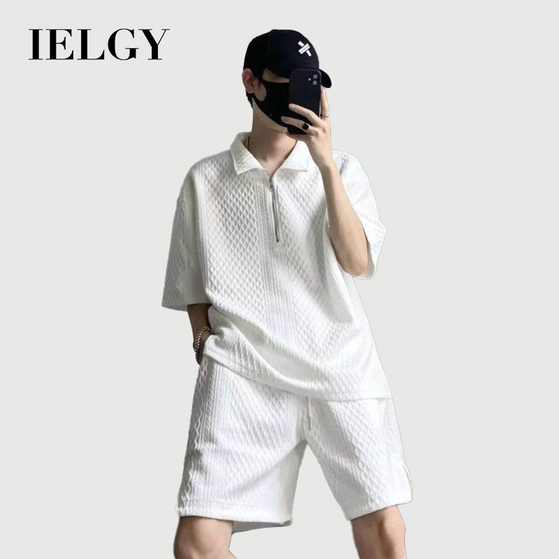IELGY ฤดูร้อนแขนสั้นกางเกงขาสั้นลําลองผู้ชายสูทเนื้อหลวมครึ่งแขนชุดสองชิ้น