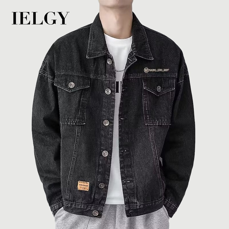 IELGY เสื้อแจ็คเก็ตยีนส์เครื่องมือสไตล์เกาหลีลําลองย้อนยุคสําหรับผู้ชาย
