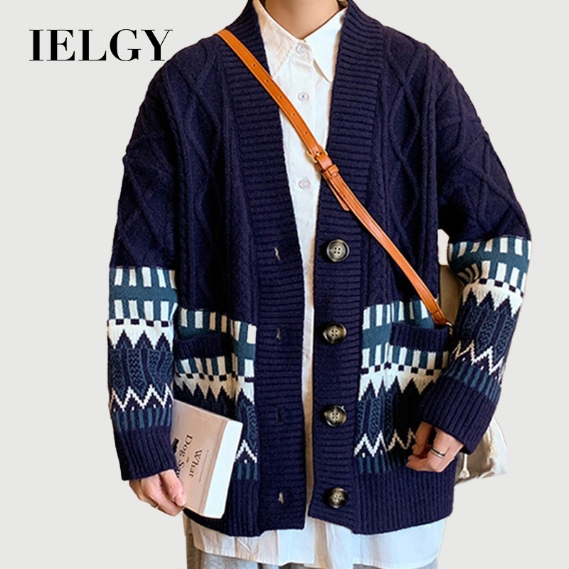 IELGY เวอร์ชั่นเกาหลีของทุกการแข่งขันสไตล์ขี้เกียจหนาคู่ลําลองสีจับคู่เสื้อสเวตเตอร์ถักผู้ชาย