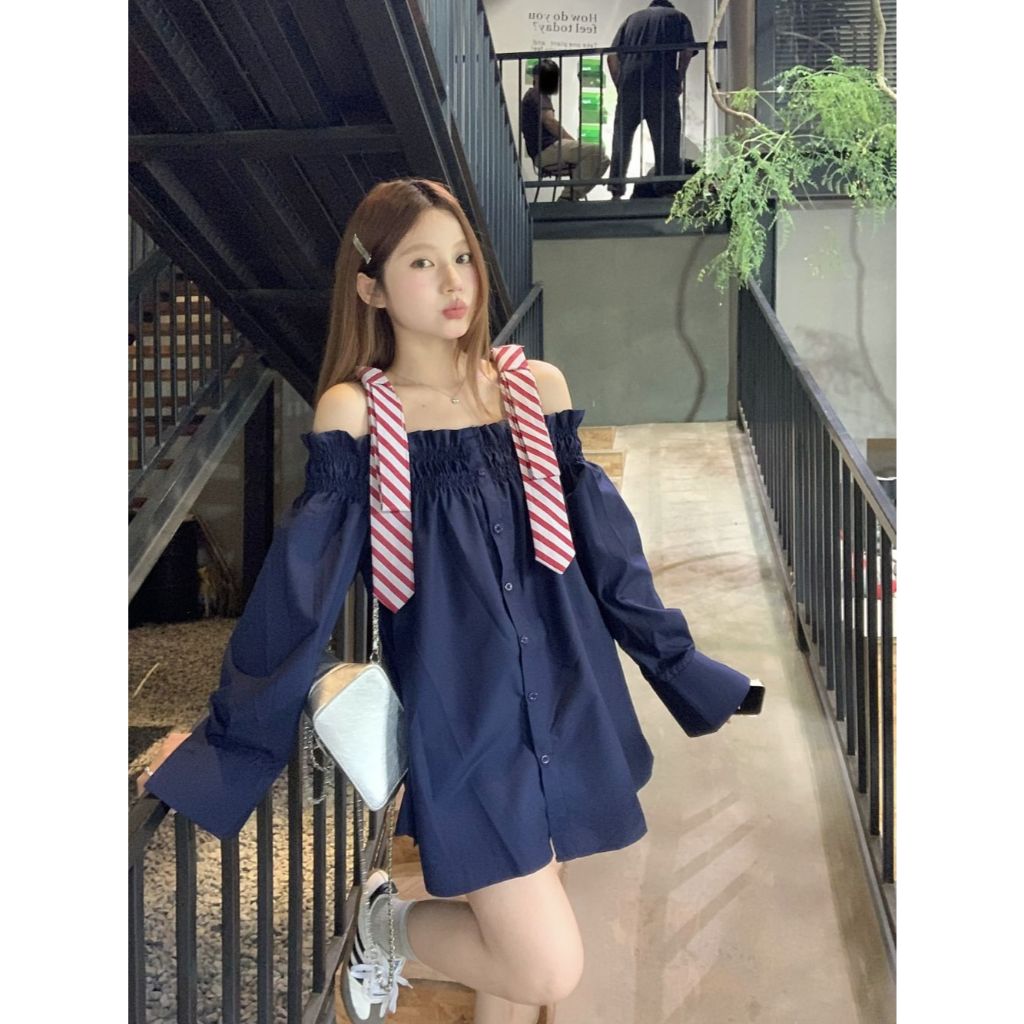 Suxi Bow Strap Off Shoulder Minimalist New Retro สีทึบเสื้อแขนยาว 240919