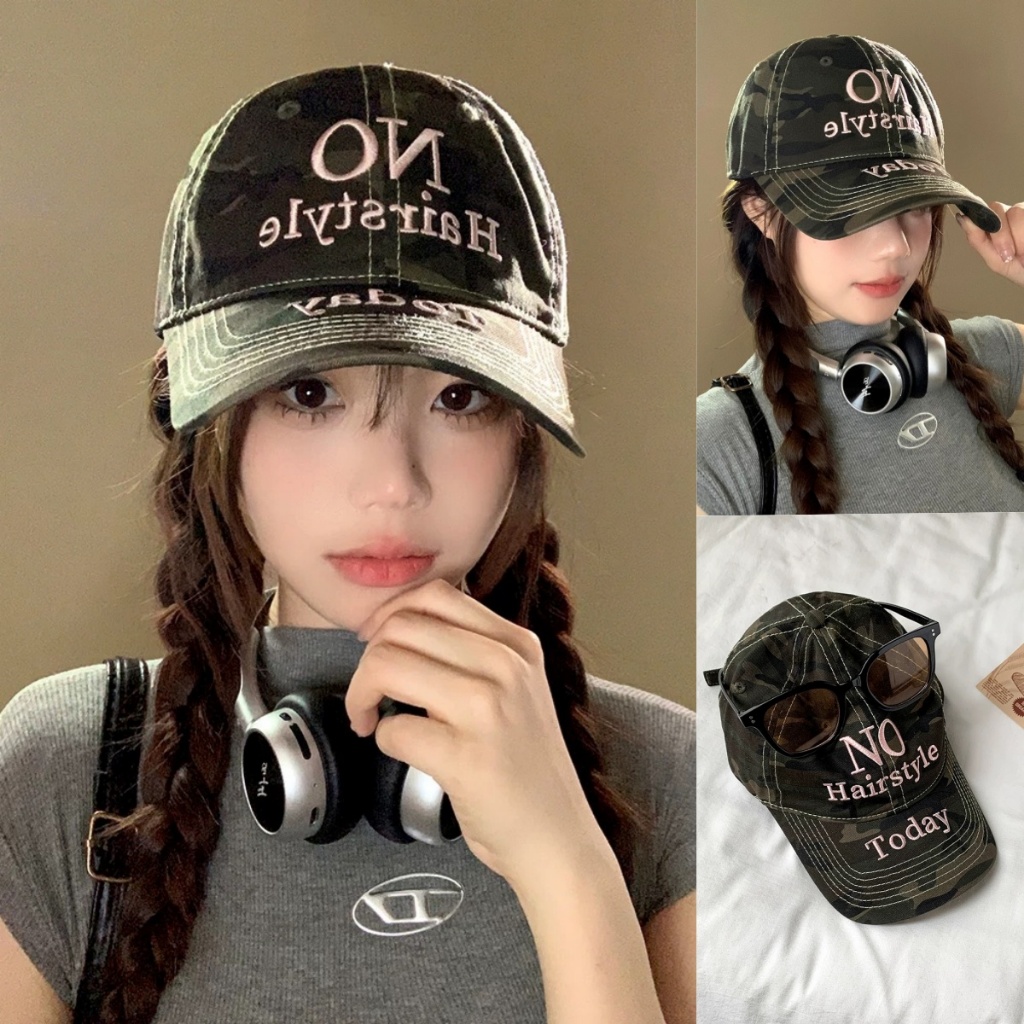 Miss_J พร้อมส่งจากกทม🎀หมวกเบสบอลลายพราง หมวกสีเขียวทหารลายพรางย้อนยุคอเมริกัน เย็บปักถักร้อยจดหมาย