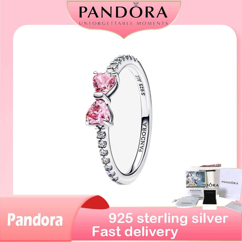 ของแท้ 100% (พร้อมกล่อง) ส925 เงินสเตอร์ลิงตัวแทนเพื่อซื้อสินค้าของขวัญวันเกิด แหวนโบว์สีชมพูประกาย