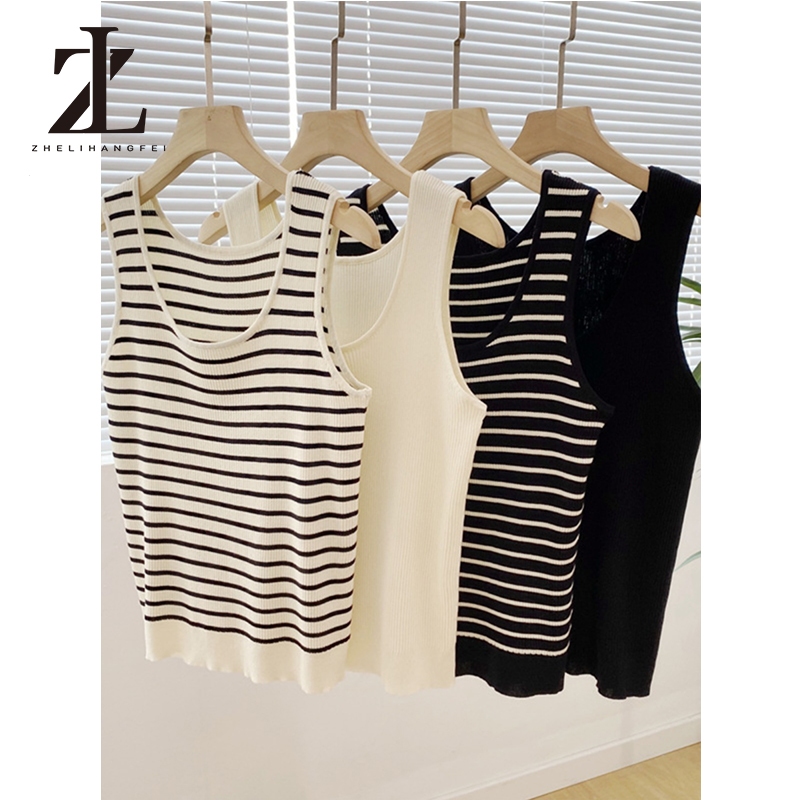 ZHELIHANGFEI   เสื้อกล้ามถักลายทางคอ U แบบผู้หญิง แบบเข้ารูปไม่มีแขน