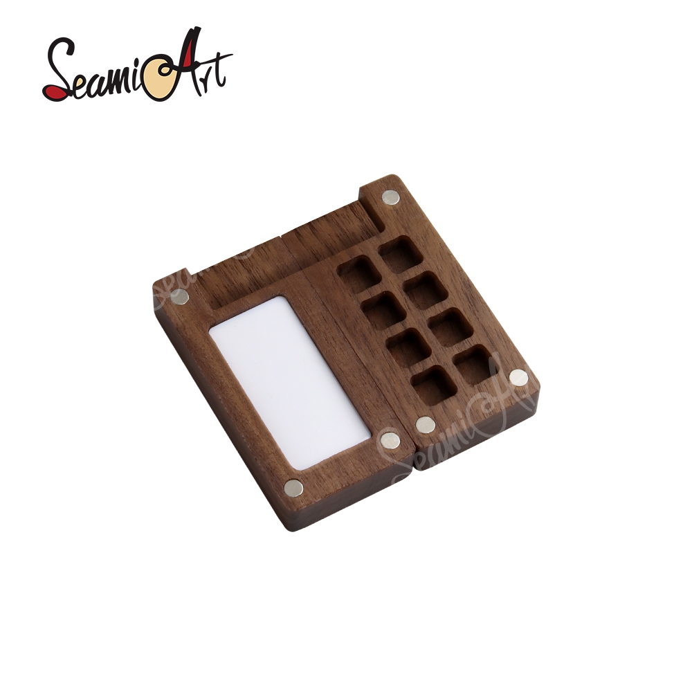 Seamiart 8 กริด Mini วอลนัทสีดําไม้แม่เหล็ก Mini Travel จิตรกรรมกล่องสําหรับสีน้ําสี Subpackage