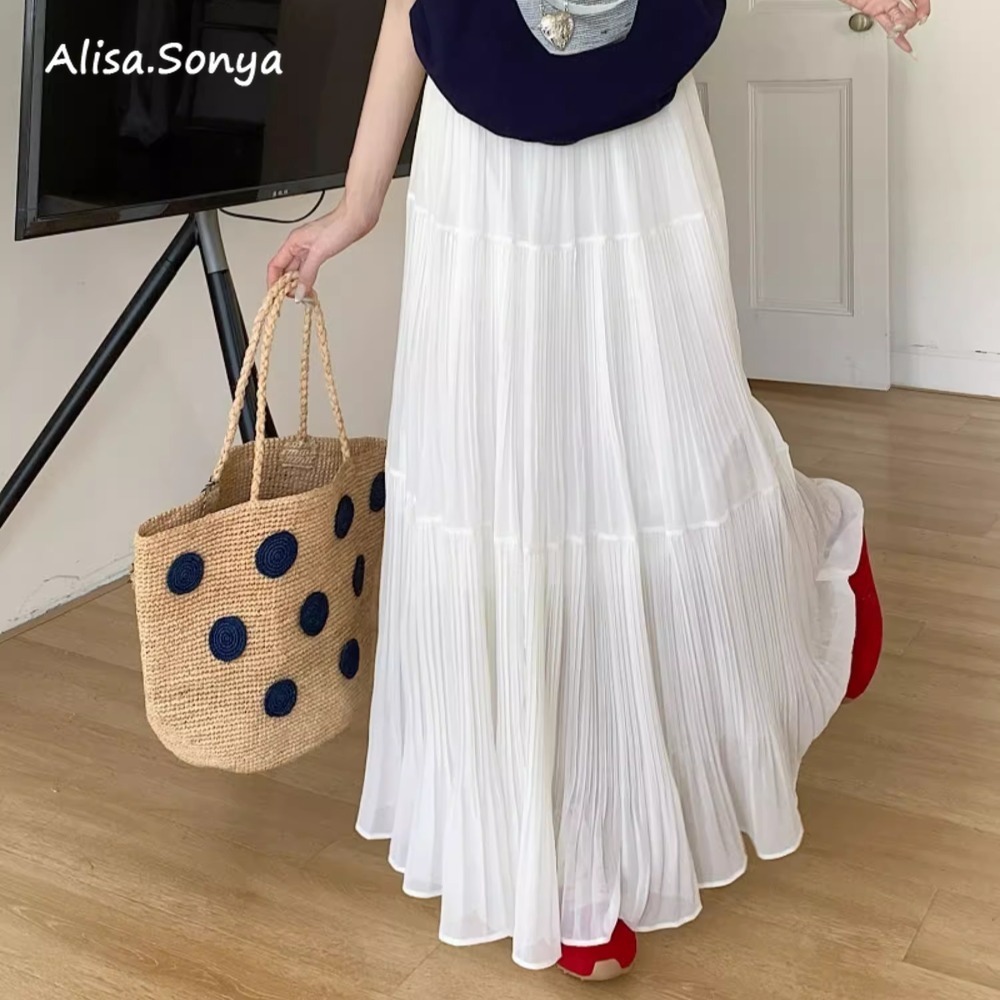 Alisa.Sonya กระโปรงยาว เอวสูง สีขาว สไตล์หวาน ทรงเค้ก เข้ารูป ผู้หญิง 24AS1215
