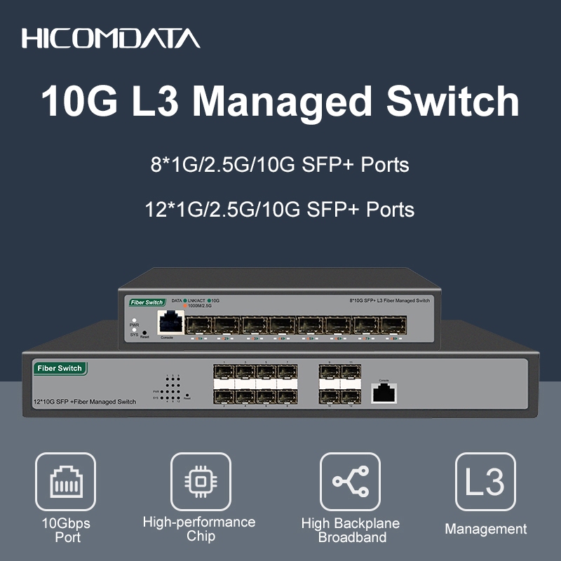 HICOMDATA สวิตช์เครือข่าย Managed 8 พอร์ต 10G SFP+ L3 | รองรับ 1G/2.5G/10G | สวิตช์ไฟเบอร์ออปติก | V
