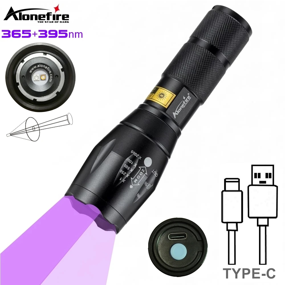Alonefire G700 ซูม UV ไฟฉาย 365/395nm Led USB ชาร ์ จหมึกที ่ มองไม ่ เห ็ น Marker แมวสุนัขปัสสาวะเกลื ้ อนแร ่ เงิน Fluorescence Light