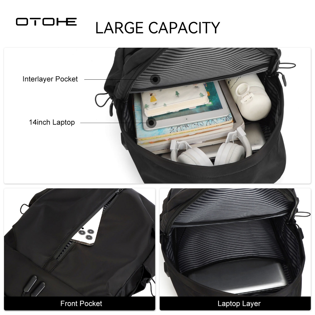 OTOHE กระเป๋าเป้สะพายหลังผู้ชาย USB ชาร์จแล็ปท็อปกระเป๋าเป้สะพายหลัง Casual Travel กระเป๋านักเรียน Dacron กระเป๋าเป้สะพายหลังสีทึบ