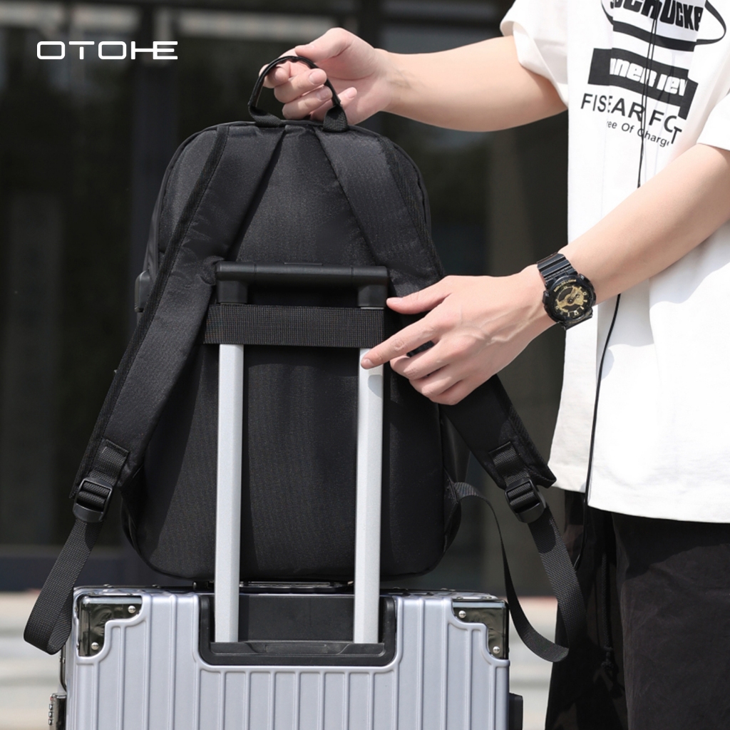 OTOHE กระเป๋าเป้สะพายหลังผู้ชาย USB ชาร์จแล็ปท็อปกระเป๋าเป้สะพายหลัง Casual Travel กระเป๋านักเรียน Dacron กระเป๋าเป้สะพายหลังสีทึบ