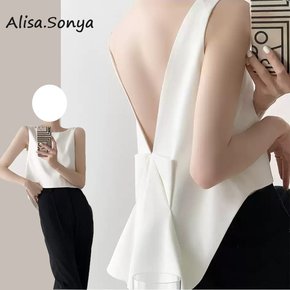 Alisa.Sonya เสื้อครอป เสื้อกล้าม ไม่มีแขน สีขาว เปิดหลัง โบว์ผูก ทรงสั้น ผู้หญิง 24AS0312
