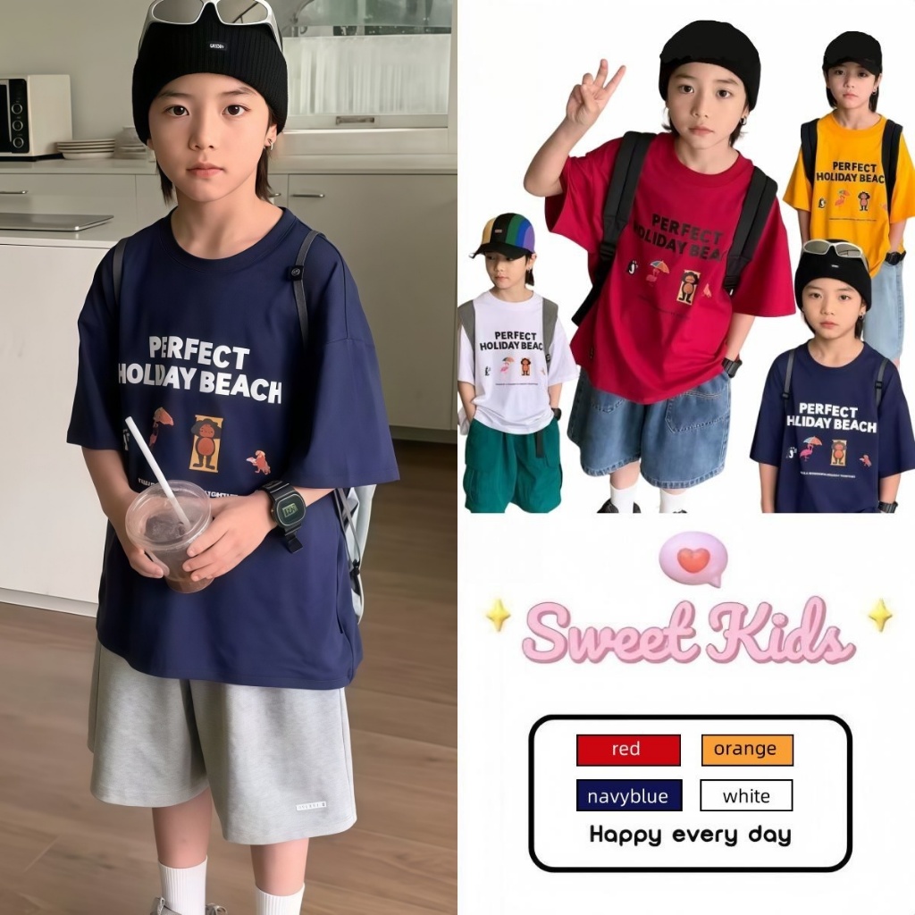 SweetKids พร้อมส่งจากกทม🌸เสื้อผ้าเด็ก🍓แขนสั้นเด็กผู้ชาย เสื้อยืดฤดูร้อน คอกลม เสื้อครึ่งแขน คอกลมครึ่งแขน หลวมและสะดวกสบาย