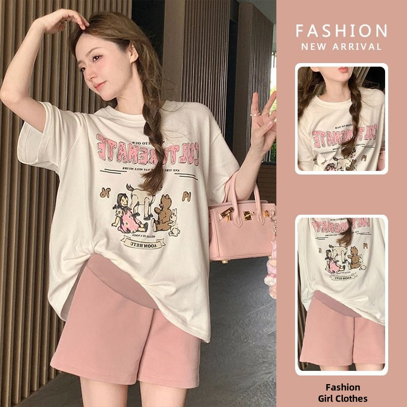 ฤดูร้อนคลอดบุตรชุดสองชิ้นคลอดบุตรด้านบน + กางเกงขาสั้นตั้งครรภ์ชุดขนาดเล็กหลวมบางแขนสั้นเสื้อคลอดบุตรผู้หญิง