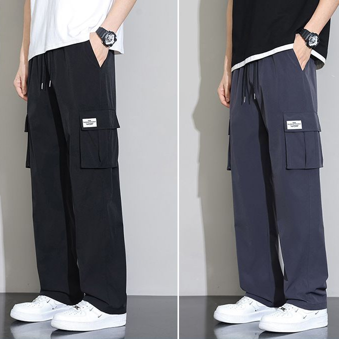 กางเกงผู้ชาย สไตล์เกาหลี ทรงลำลอง หลายกระเป๋า ชุดเอี๊ยมทรงตรง