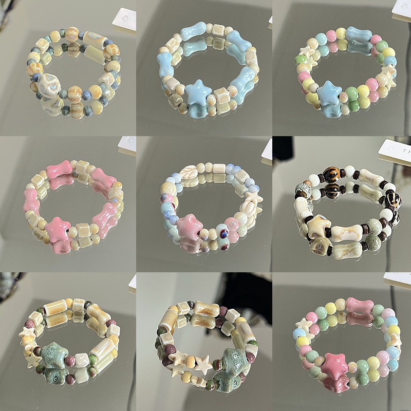 สร้อยข้อมือเซรามิกสี Dopamine สร้อยข้อมือใบไม้รูปดาวห้าแฉกสไตล์ชาติพันธุ์ของขวัญวันเกิด