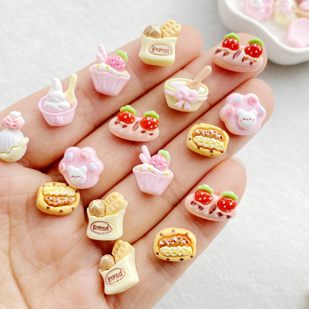 30ชิ้นมินิเรซิ่นผสมการ์ตูนสตรอเบอร์รี่ไอศครีม, ขนมปัง, บิสกิตตกแต่งเล็บ, ตกแต่ง ทําเอง อุปกรณ์จัดงานแต่งงานงานฝีมื