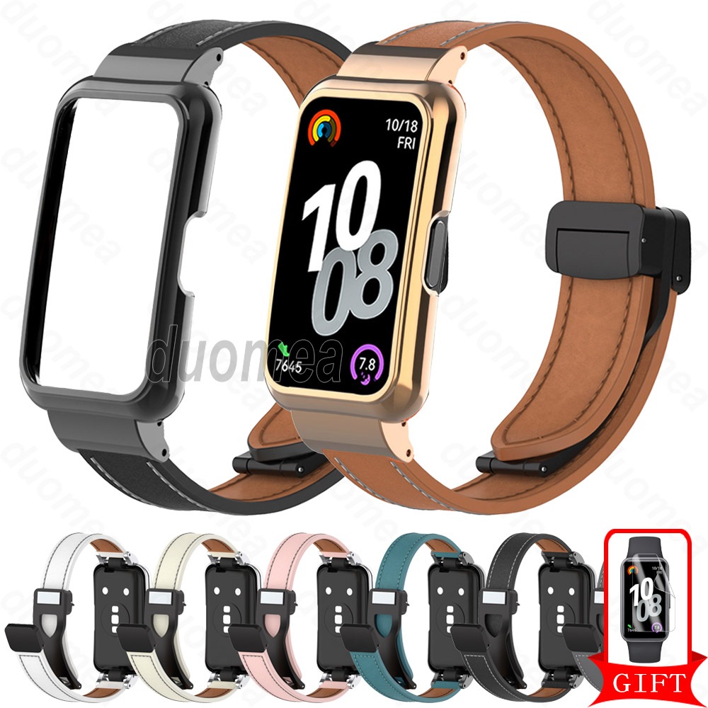 สายรัดข้อมือหนังพร้อมกรอบกรณีสร้อยข้อมืออุปกรณ์เสริมสําหรับ Huawei Band 10 9 8 7 6 / Honor Band 9 7 6