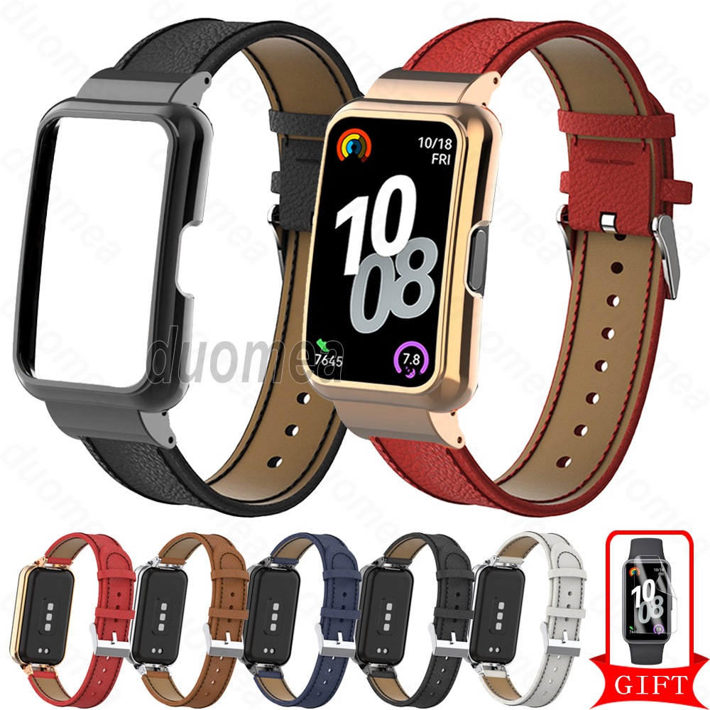 สร้อยข้อมือสายหนังพร้อมกล่องกรอบสายรัดข้อมืออุปกรณ์เสริมสําหรับ Huawei Band 10 9 8 7 6 / Honor Band 9 7 6