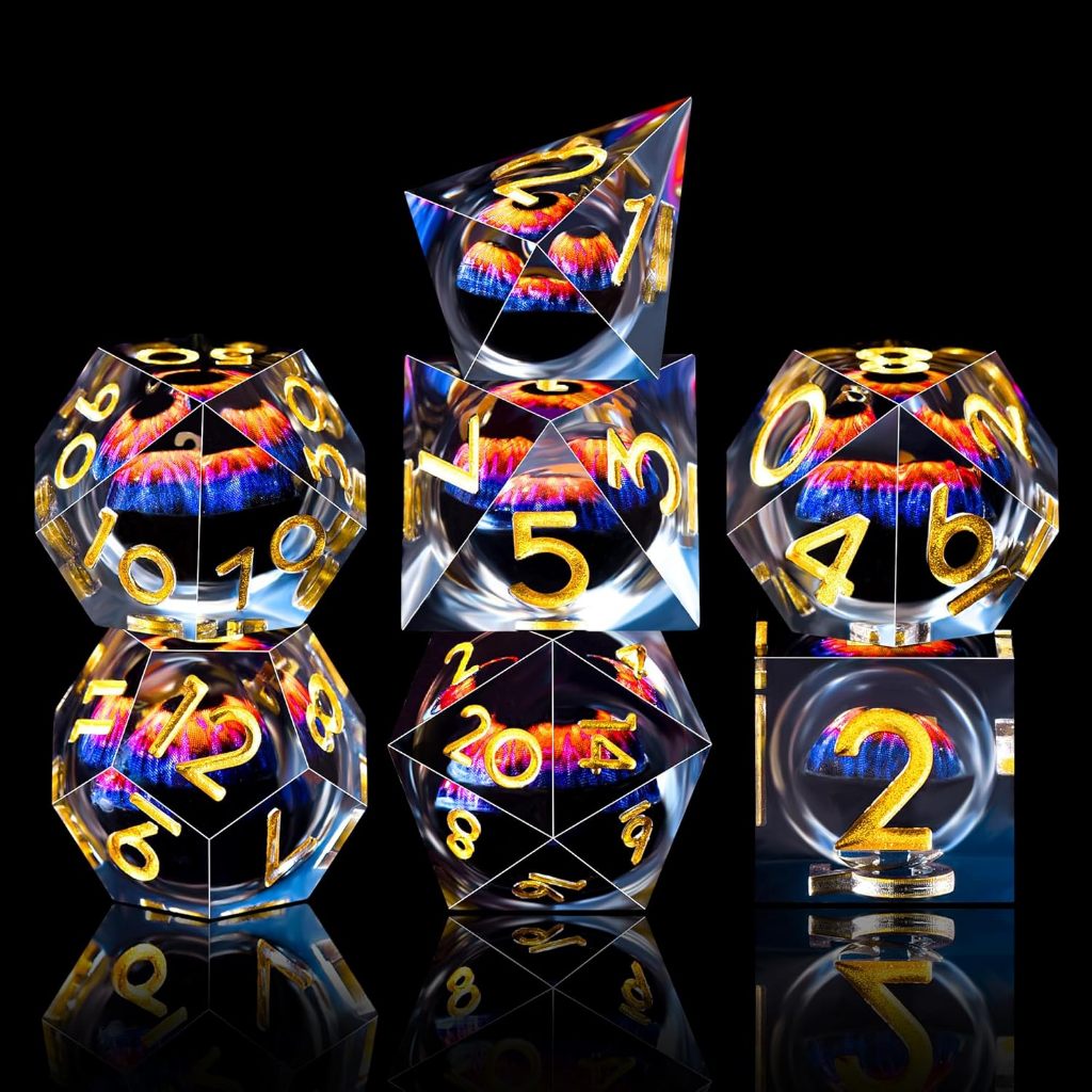 DND ลูกเต๋าชุด 7 ชิ้น Liquid Core Dragon Eye ลูกเต๋า Blue & Violet Sharp Edge เรซินลูกเต๋า Dungeons 