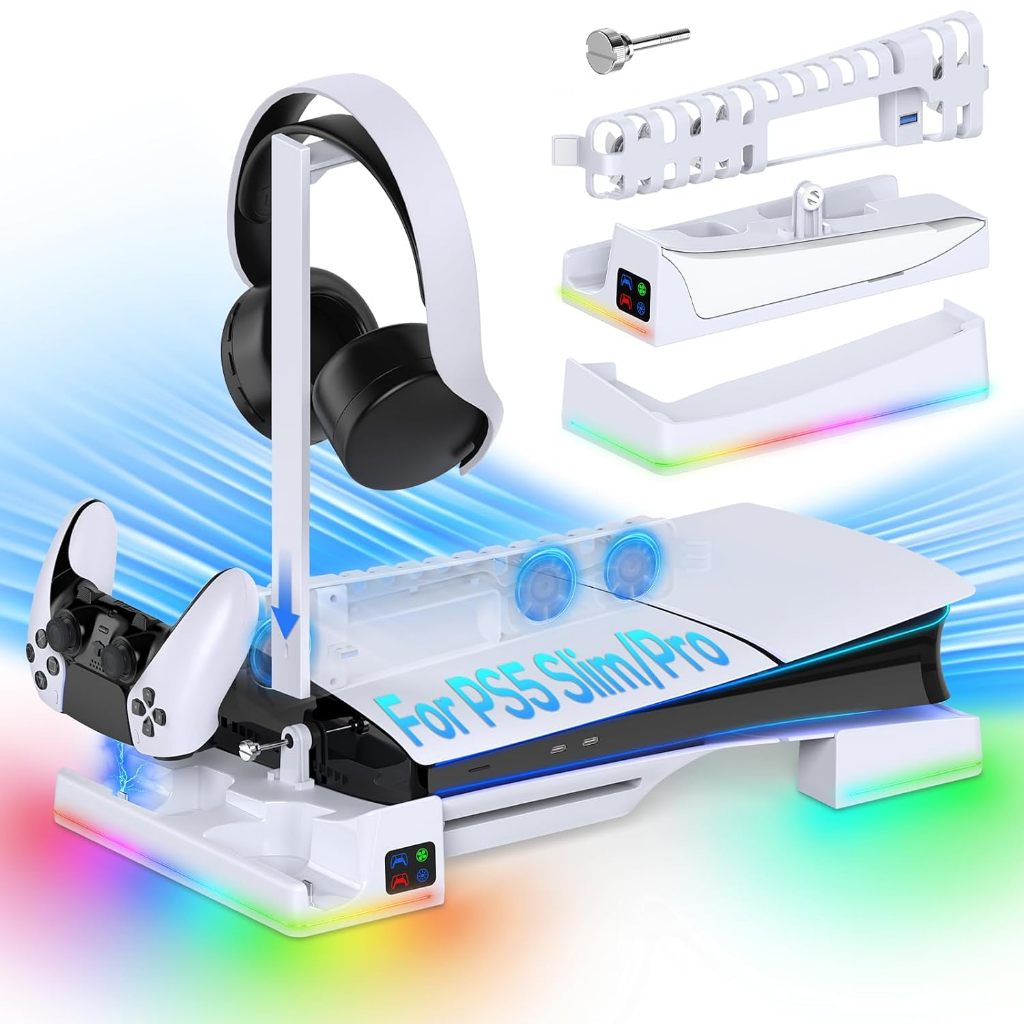ขาตั้งระบายความร้อนแนวนอน RGB พร้อมตัวควบคุมการชาร์จสําหรับคอนโซล PS5 Slim/PS5 Pro, พัดลมระบายความร้อนเงียบอัตโนมัติ, โหมดแสง 14 โหมด