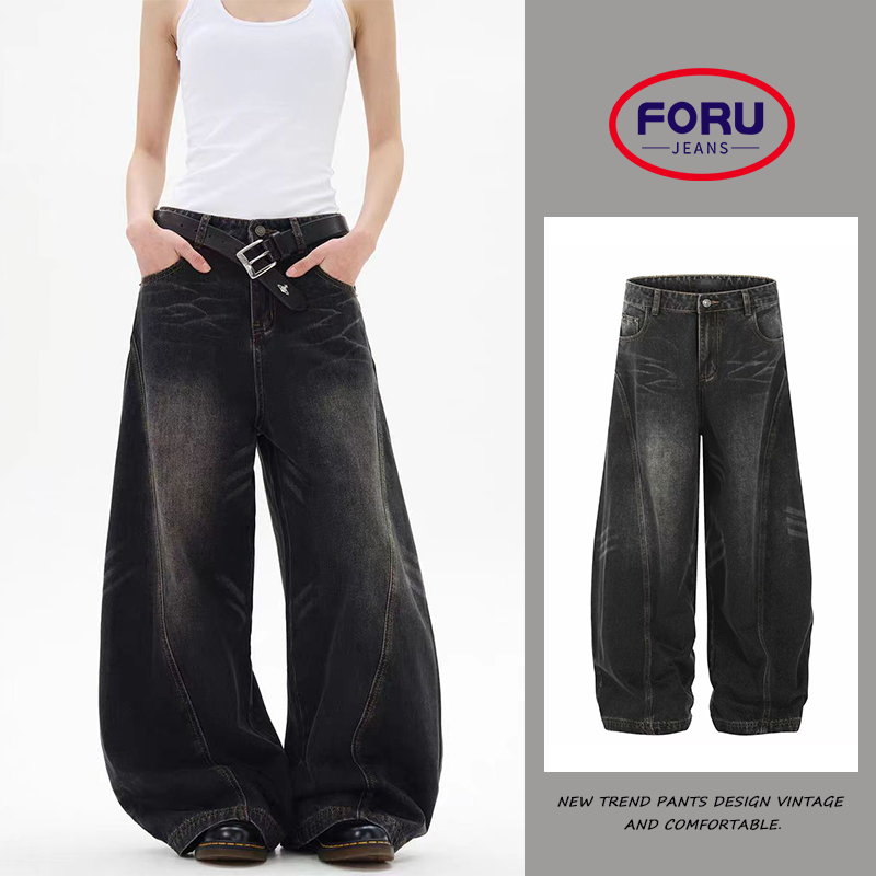 ForU Baggy กางเกงผู้ชายกางเกงสีดําสําหรับชายสีดํา Jnco กางเกงยีนส์ Drop ยาว Mop กางเกงกางเกงขากว้างส