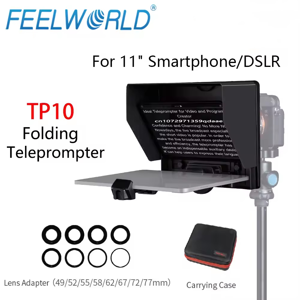 Feelworld TP10 พับ Teleprompter แบบพกพาสมาร์ทโฟน 10 นิ้ว/กล้อง DSLR การถ่ายภาพพร้อมอะแดปเตอร์ควบคุมและเลนส์บลูทูธ