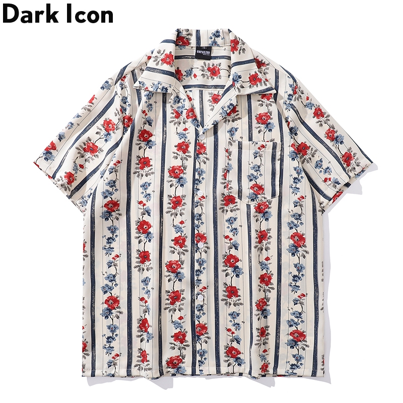 Dark Icon Striped Flower Tropic เสื้อฮาวายสําหรับผู้ชายเสื้อย้อนยุคฤดูร้อนเสื้อผ้า Unisex