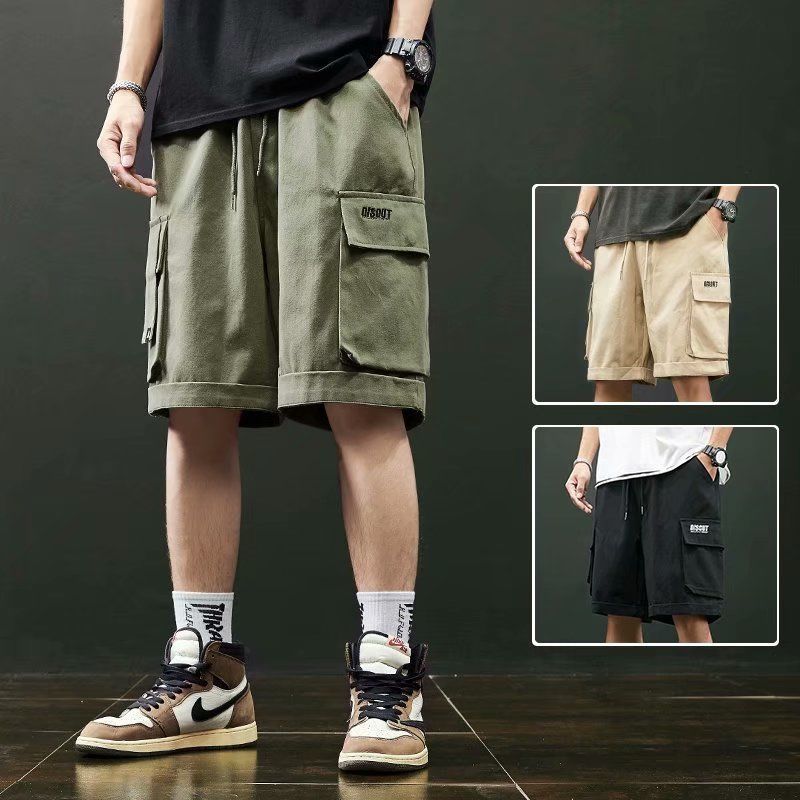 กางเกงขาสั้นผู้ชายสไตล์หลวมขนาดใหญ่ M-5XL สีกากีทรงหลวมฤดูร้อนสวมใส่ All-Match Casual