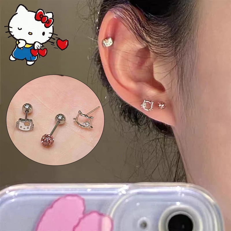 3pcs Hello Kitty Shining ต่างหูผู้หญิงหูกระดูกเล็บ Studs ต่างหูแฟชั่นเครื่องประดับสําหรับสาว