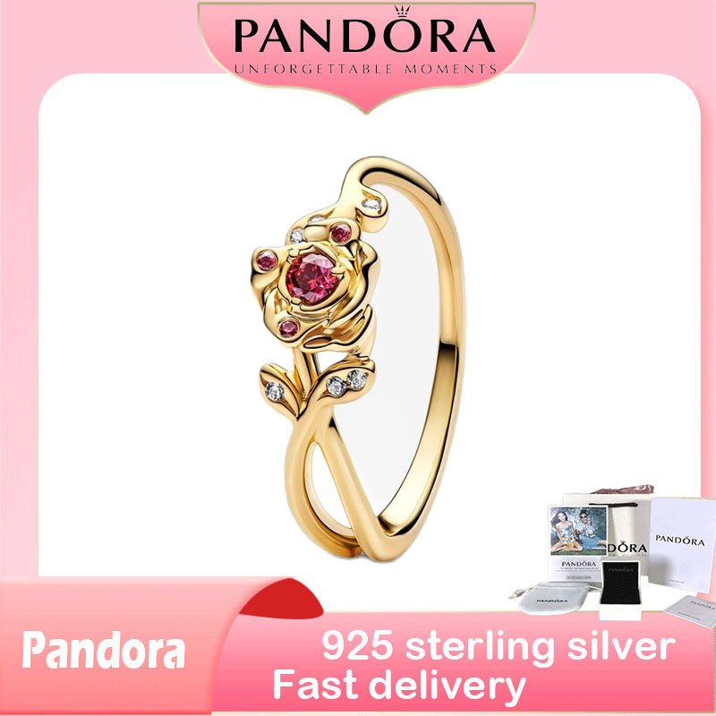 ของแท้ 100% (พร้อมกล่อง) S925 เงินสเตอร์ลิงตัวแทนเพื่อซื้อผลิตภัณฑ์ของขวัญวันเกิด Disney Beauty and the Beast Rose Ring