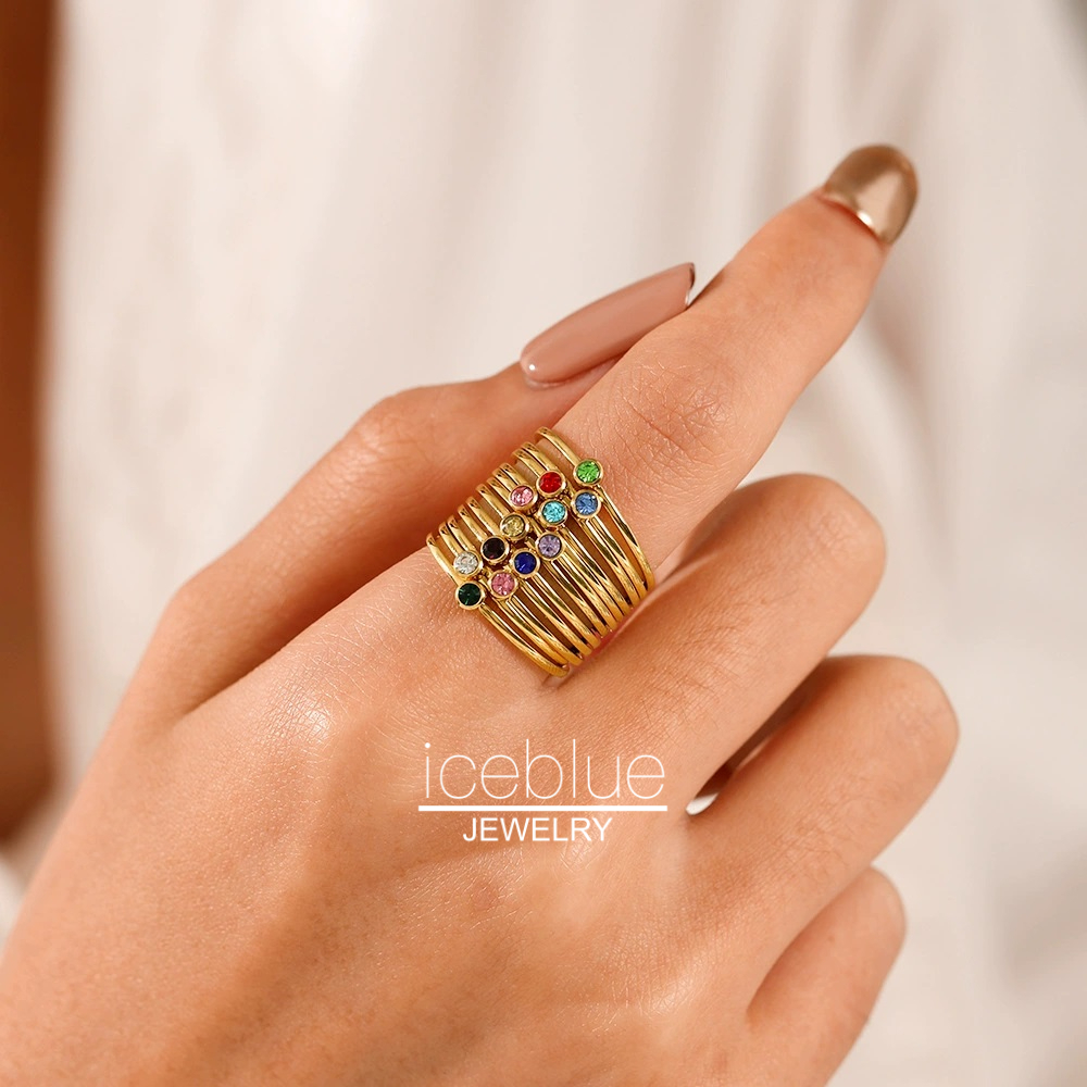 【iceblue】แหวนเพชรเกิดประจำ12เดือนทรงกลม ทองชุบ14K ไม่หมองไม่ซีด เหล็กสแตนเลส316L แฟชั่นสำหรับผู้หญิงรุ่นR08