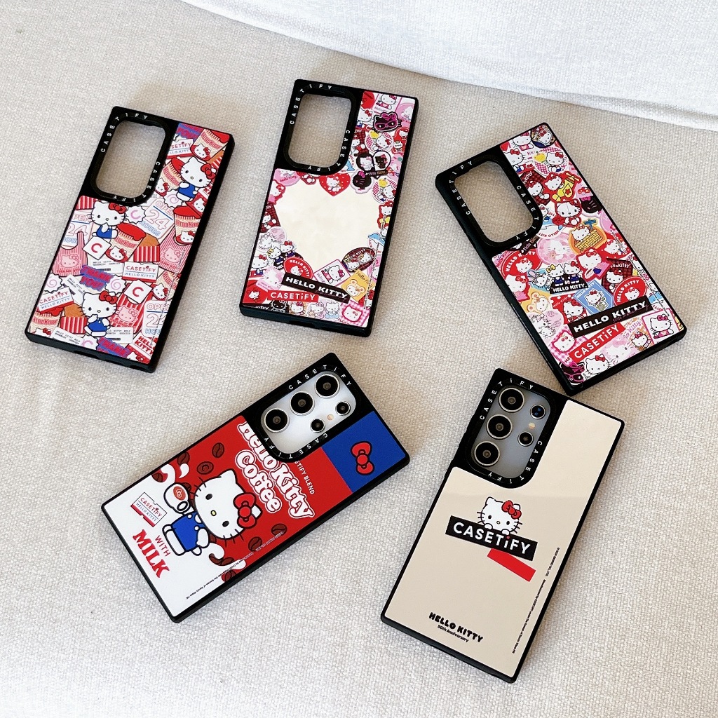กระจก การ์ตูนน่ารัก Hello Kitty ซองโทรศัพท์ Samsung Galaxy S25 Ultra S25 Plus S24 Ultra S24 Plus S23 Ultra S23 Plus Case เคสโทรศัพท์ใหม่ แผ่นหลังอะคริลิค ขอบซิลิโคนอ่อนขอบป้องกันการตก เคสมือถือซัมซุง