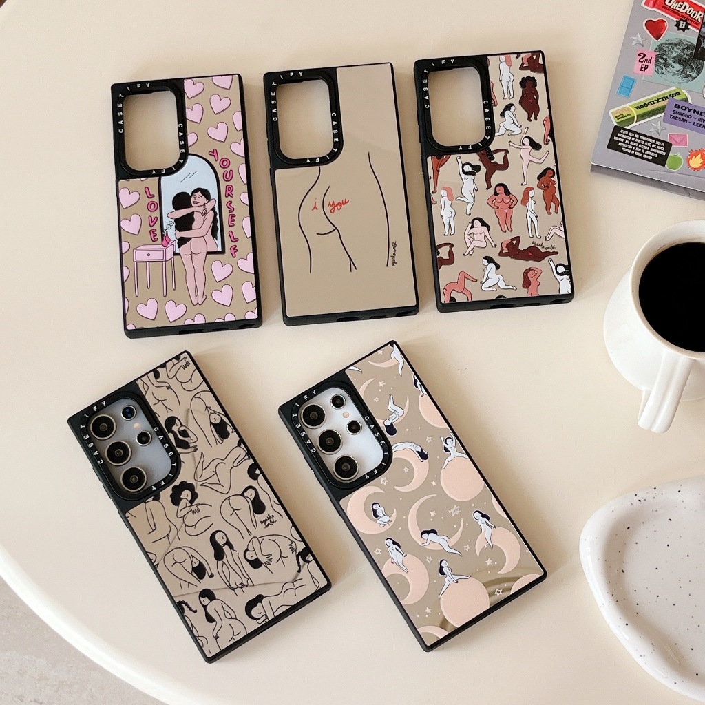 กระจก แฟชั่น เส้น การ์ตูน ซองโทรศัพท์ Samsung Galaxy S25 Ultra S25 Plus S24 Ultra S24 Plus S23 Ultra S23 Plus Case เคสโทรศัพท์ใหม่ แผ่นหลังอะคริลิค ขอบซิลิโคนอ่อนขอบป้องกันการตก เคสมือถือซัมซุง