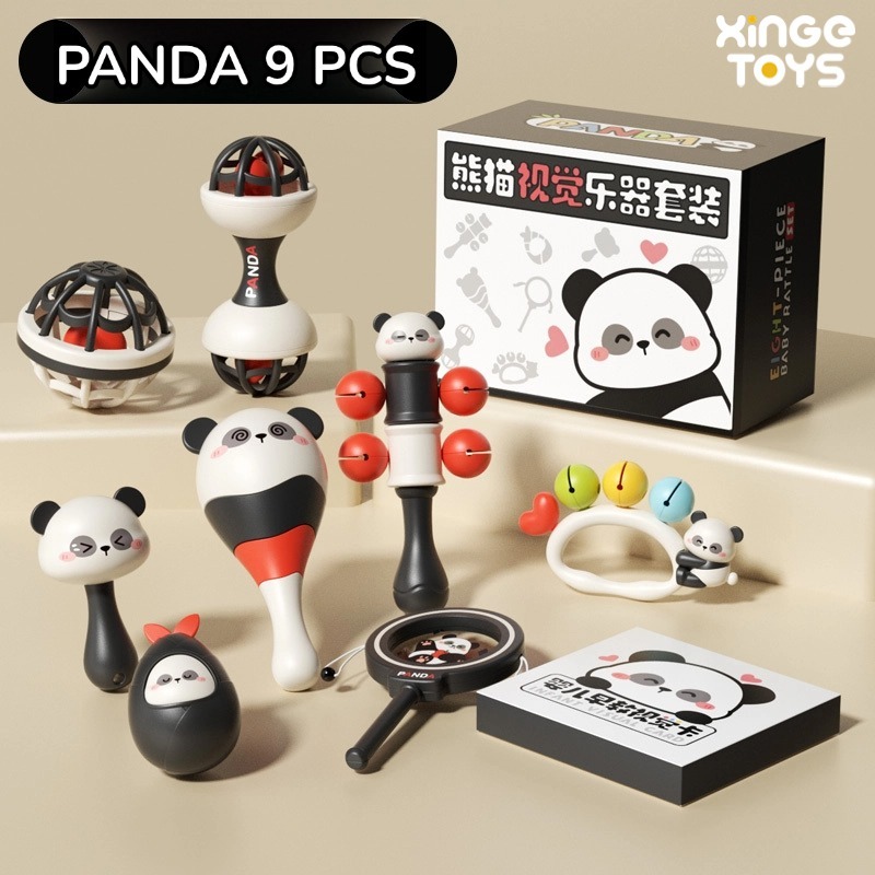 ⭐สต็อกพร้อม⭐Panda Rattle ชุดของเล่นสําหรับทารกแรกเกิด-9 ชิ้นของขวัญประสาทสัมผัสสําหรับเด็กพร้อมการ์ดภาพ, ทารก Soothing ของเล่น 0-12M