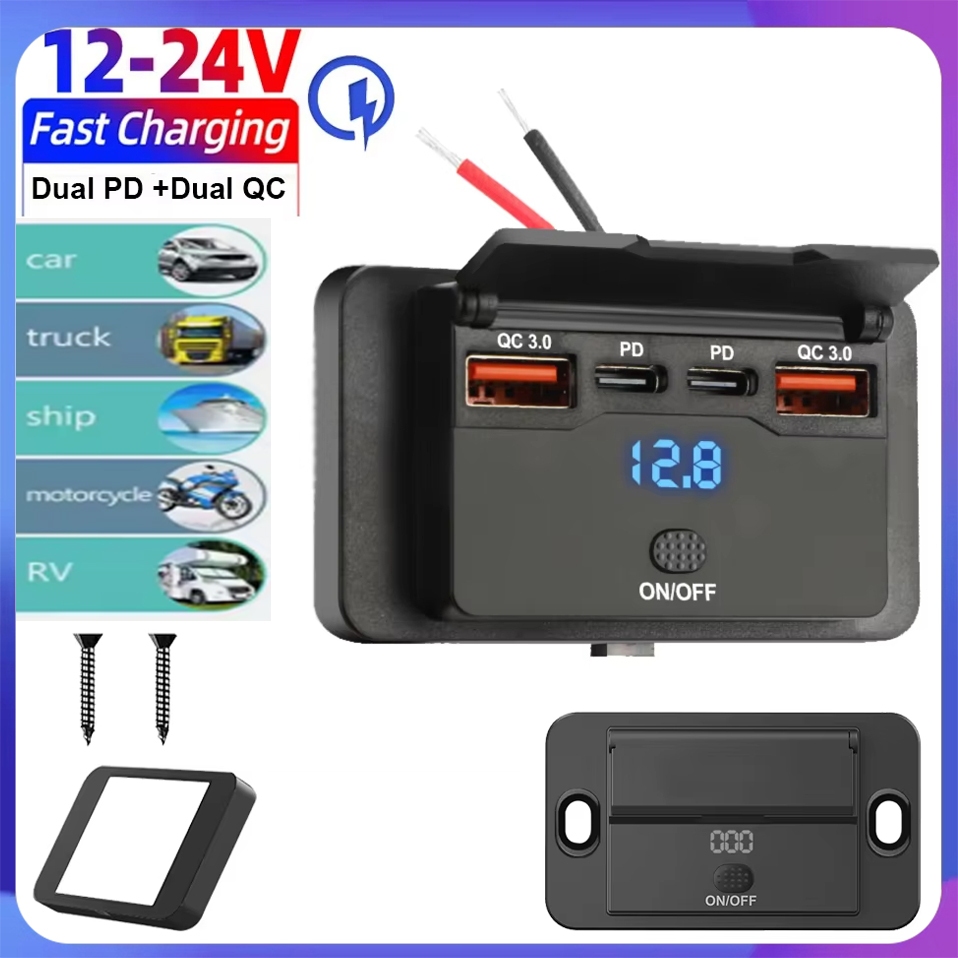 4-ports 12/24V USB C Outlet Panel Wall Mount car Charger Socket พร้อมปุ่มสวิทช์กันน้ํารถอุปกรณ์เสริมสําหรับ Bus RV รถบรรทุก